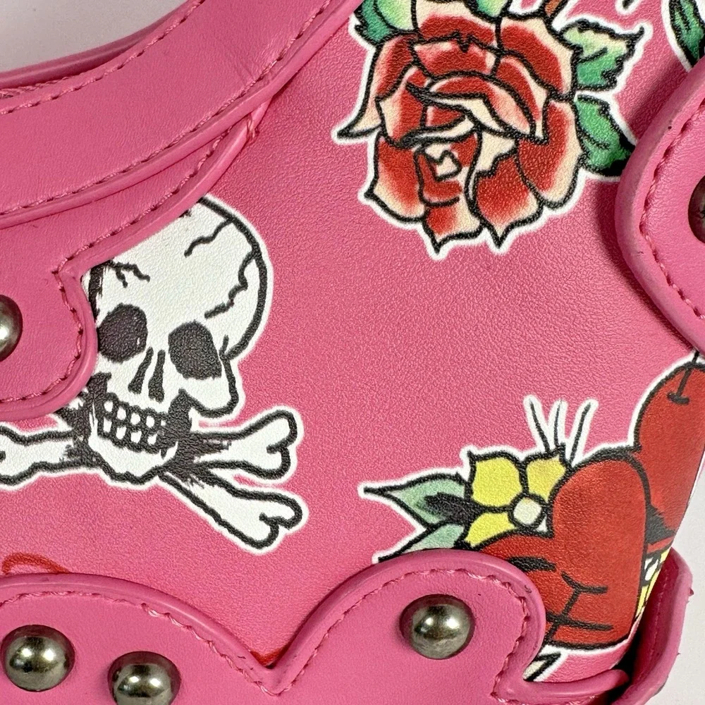 Ed Hardy Pink Tattoo Print Studded Hobo Shoulder Bag Skull Y2K Punk